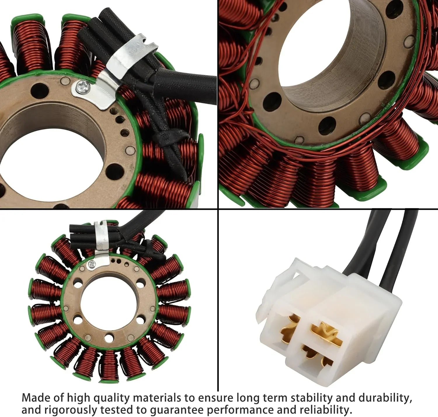 Stator with copper coils, green insulators, and connector for GY6 engine, ensuring durability and performance