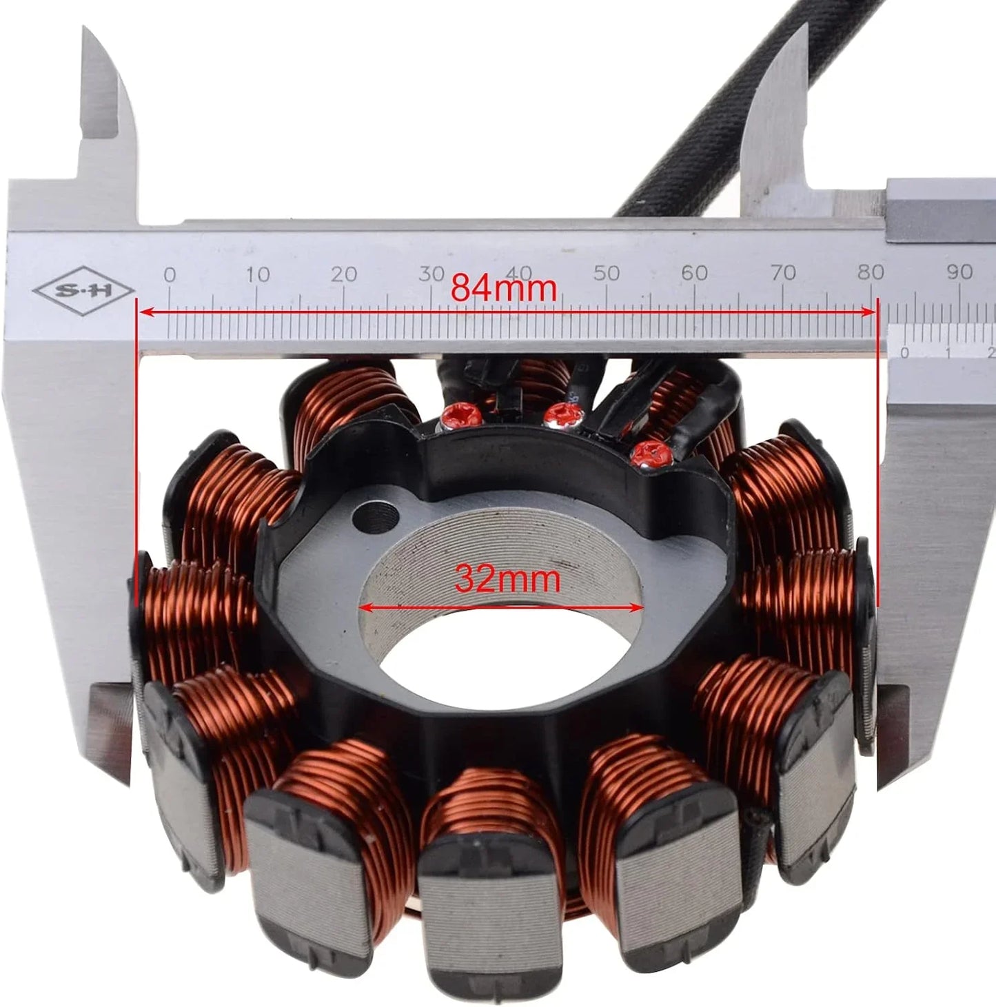 Vespa GTS 150 scooter magneto stator replacement with caliper measuring 84mm and 32mm diameters