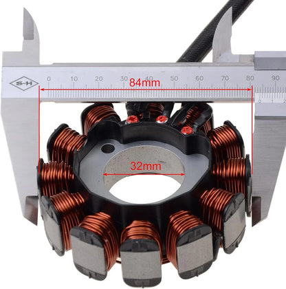 Vespa GTS 150 scooter magneto stator replacement with caliper measuring 84mm and 32mm diameters