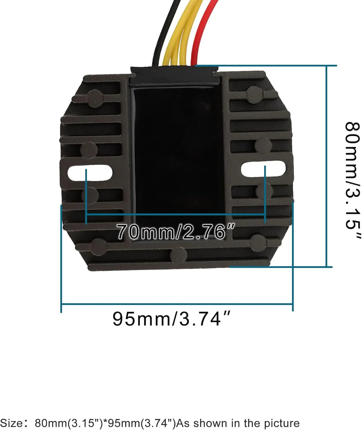 Yamaha Bear Tracker 250 YFM250XL regulator rectifier with dimensions labeled, black with wires.