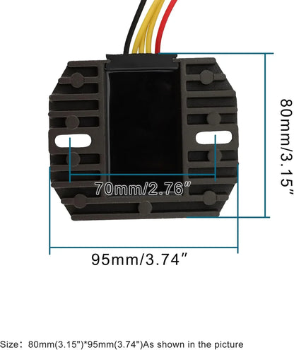 Yamaha Bear Tracker 250 YFM250XL regulator rectifier with dimensions labeled, black with wires.