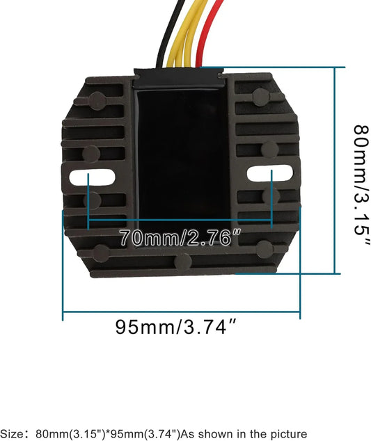Yamaha Bear Tracker 250 YFM250XL regulator rectifier with dimensions labeled, black with wires.