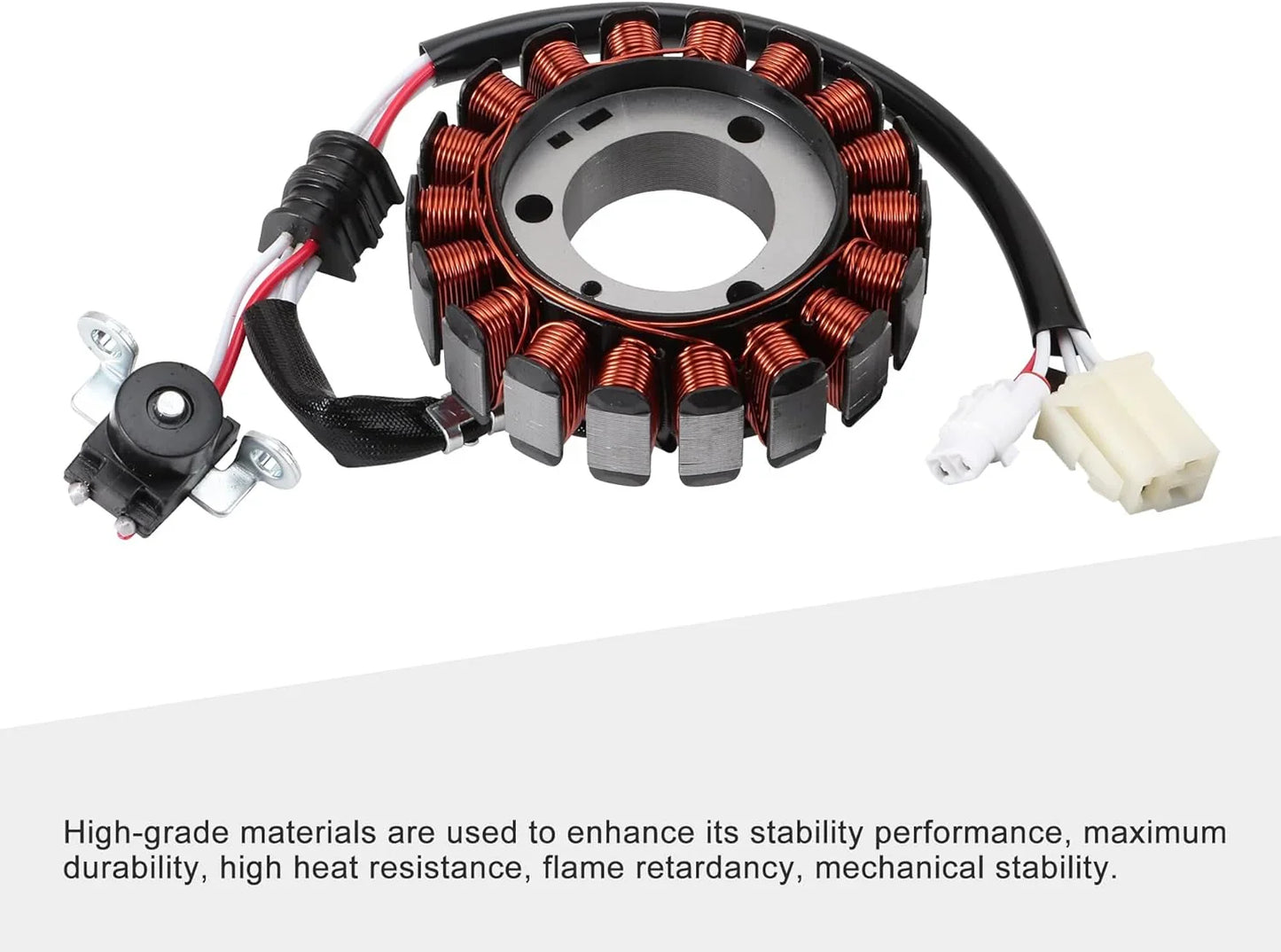 Motorcycle coil stator replacement part with copper wire winding and attached wiring harness.
