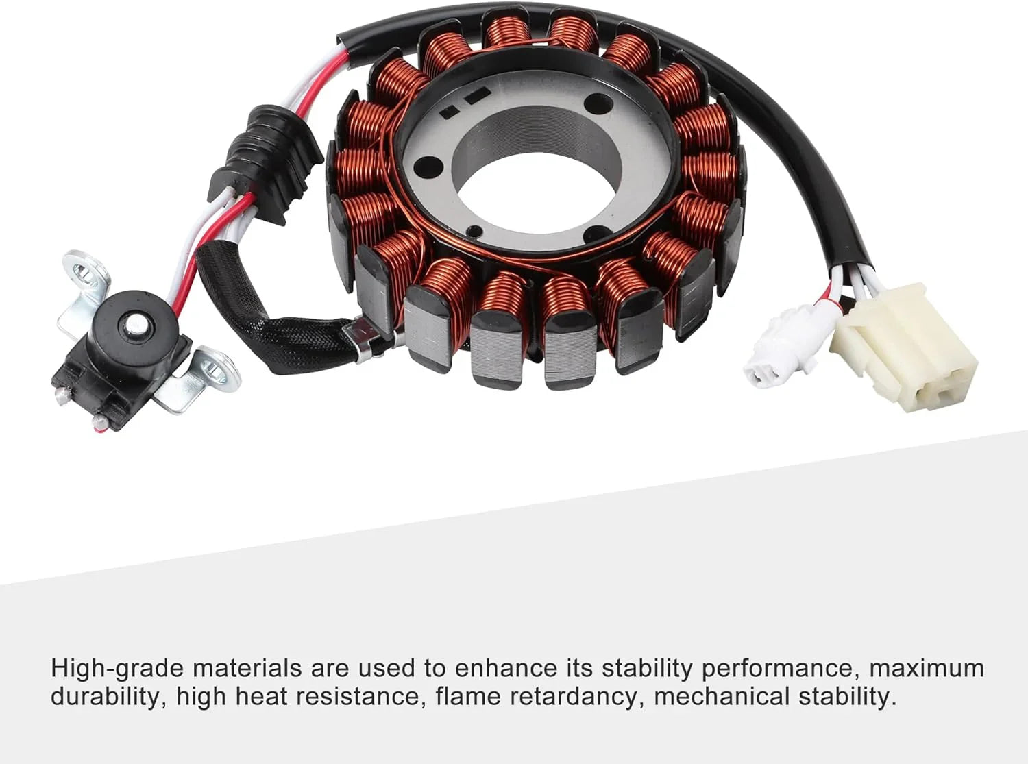 Motorcycle coil stator replacement part with copper wire winding and attached wiring harness.