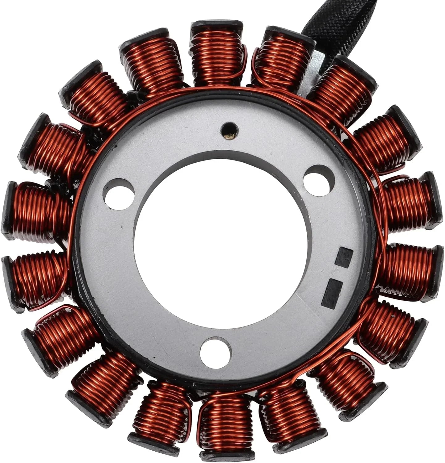Motorcycle stator coil replacement part with copper wire windings, close-up view