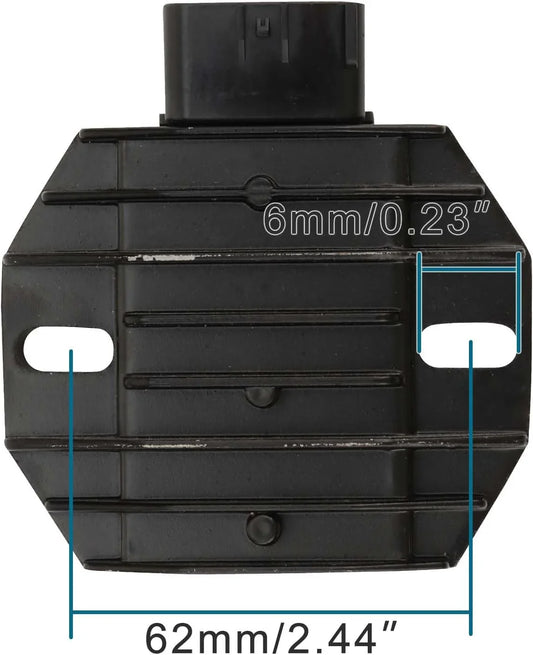 Yamaha Rhino 660 Grizzly 660 rectifier regulator with size measurements, black finned design