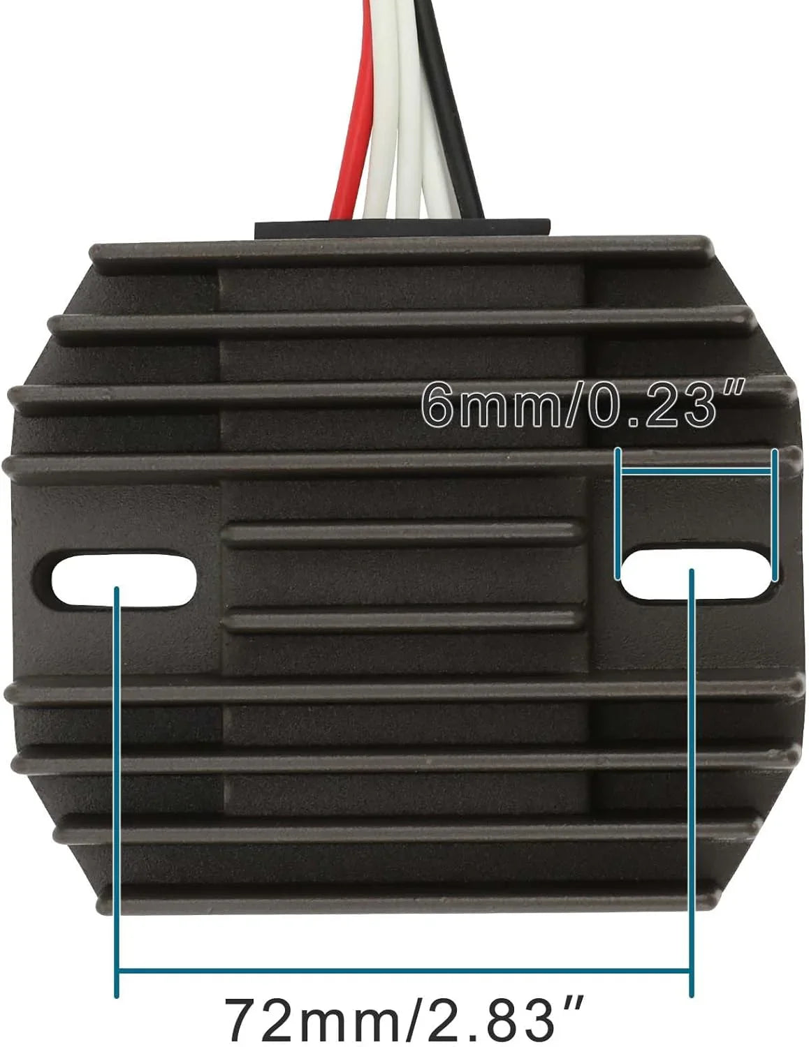 Yamaha ATV rectifier regulator with cooling fins, wires, and mounting measurements 72mm by 6mm.