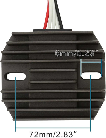 Yamaha ATV rectifier regulator with cooling fins, wires, and mounting measurements 72mm by 6mm.