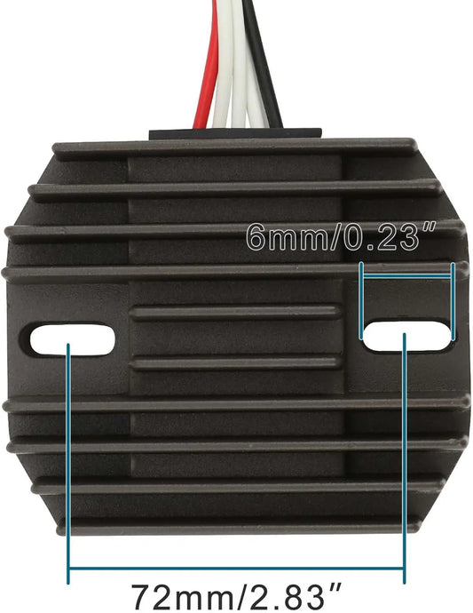 Yamaha ATV rectifier regulator with cooling fins, wires, and mounting measurements 72mm by 6mm.