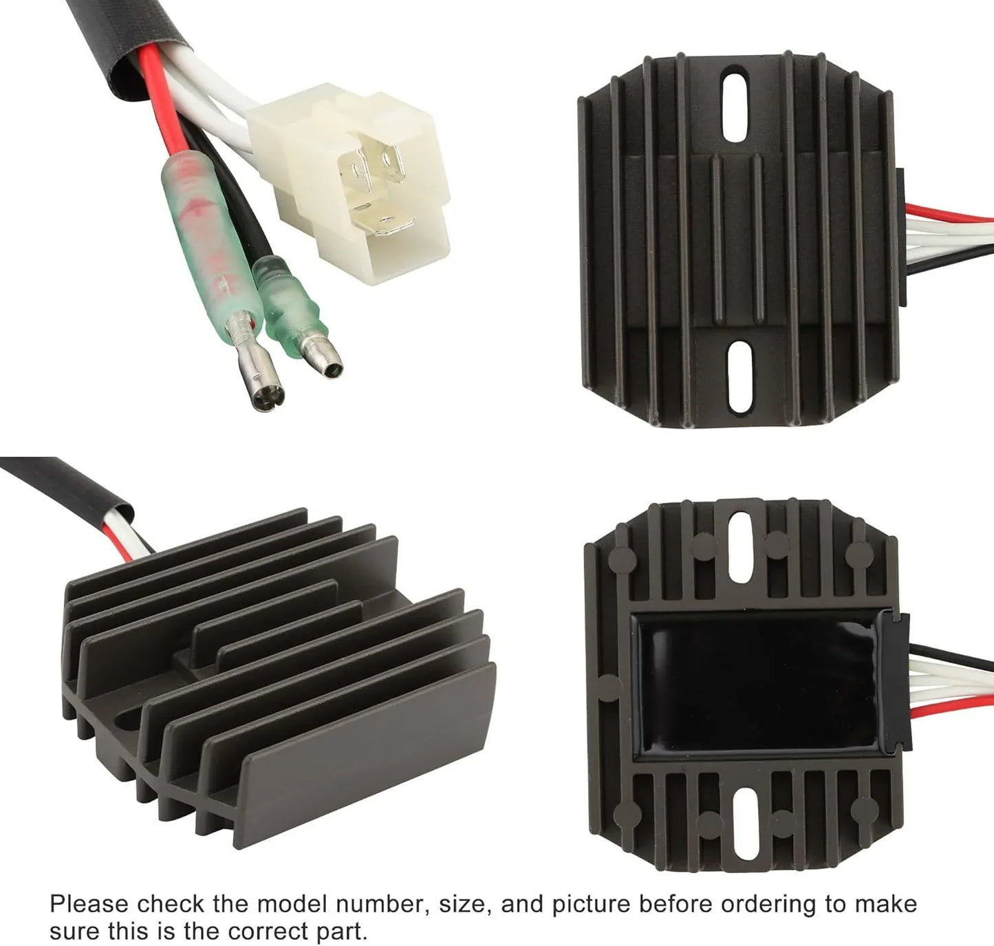 ATV voltage regulator rectifier with heatsink fins, wiring, and connectors, close-up views