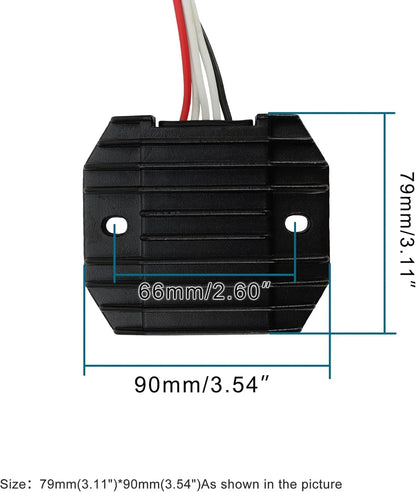 Black Yamaha XVS650 V-Star motorcycle regulator rectifier with wiring and dimensions labeled