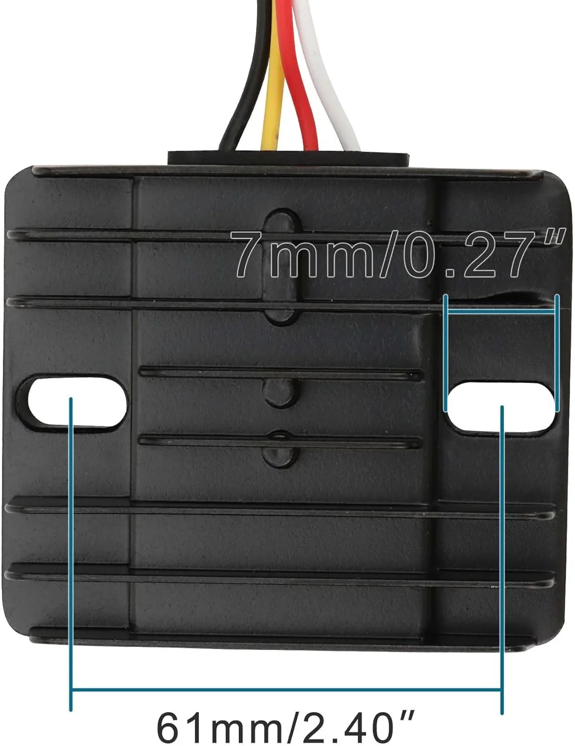 Yamaha YFZ450 regulator rectifier with wires, black fins, and mounting dimensions marked
