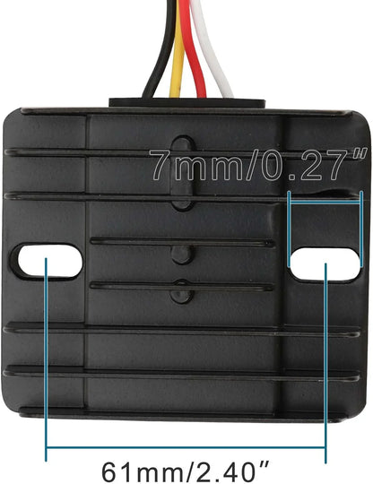 Yamaha YFZ450 regulator rectifier with wires, black fins, and mounting dimensions marked