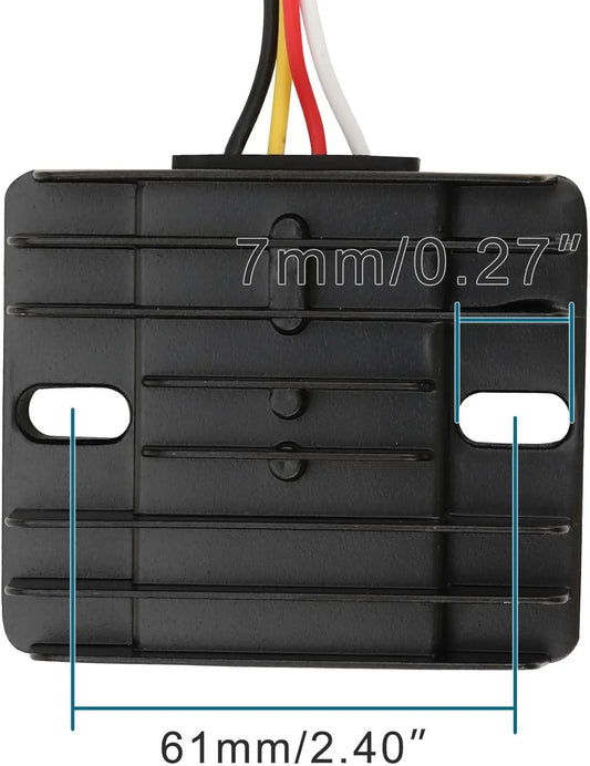 Yamaha YFZ450 regulator rectifier with wires, black fins, and mounting dimensions marked