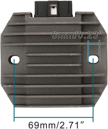 Yamaha motorcycle rectifier regulator with mounting hole measurements, close-up view