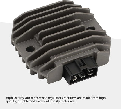 Motorcycle voltage regulator rectifier replacement part for Yamaha, black and gray with connector.
