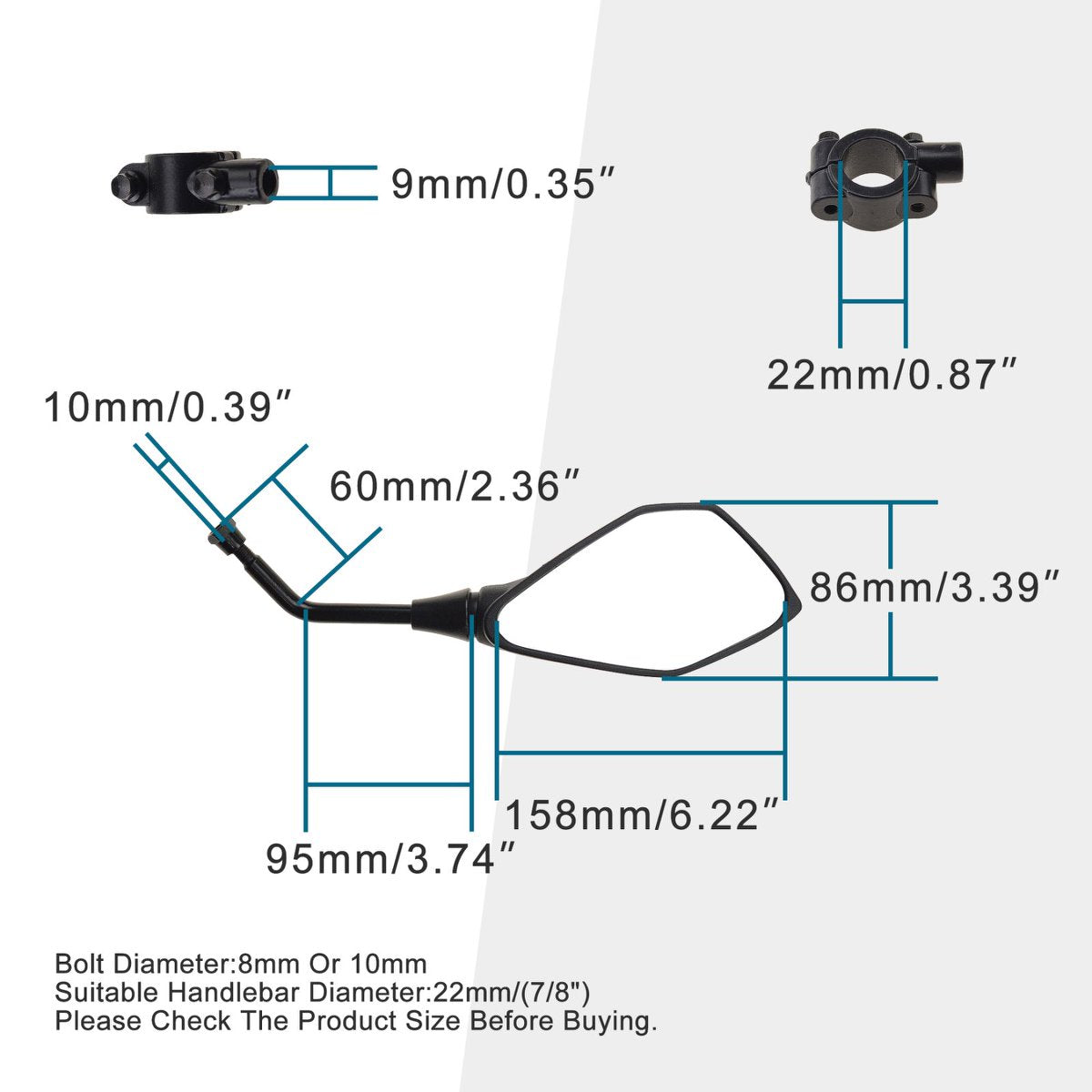 Universal M10 Side View Mirrors with M8 Adapters for Motorcycle ATV – 2 Pack